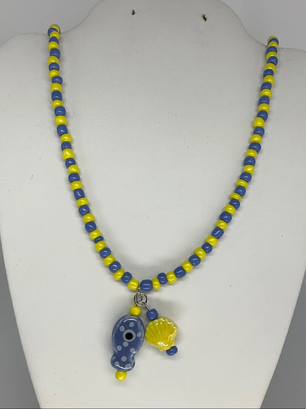 Blue and Yellow Beaded Fish Charm Necklace - Women Jewelry-17 Inch
